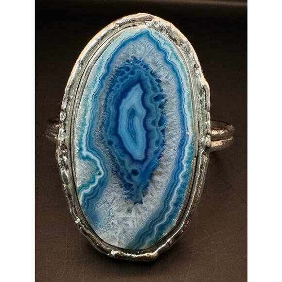 Blue Agate Slice Cuff Silver-tone Bracelet - Picture 1 of 7